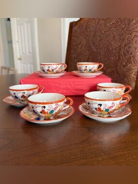 Set of 6 Vintage Japanese Eggshell-Thin Porcelain Geisha Girl Cup & Saucers